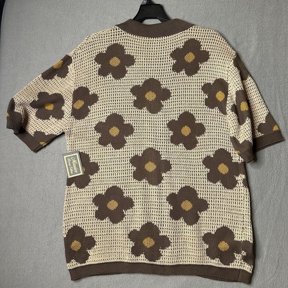 Massive Luxury Edition Sweater Mens Large Brown Tan Floral Knit Button Up Retro - Picture 7 of 8